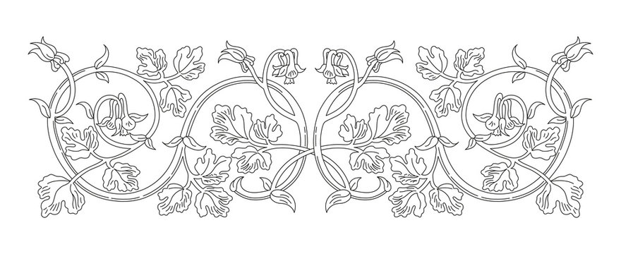 Naklejki Floral ornament in medieval style. Pattern of interwoven stems, foliage and flowers. Vector frame, elegant vignette, design element and page decoration