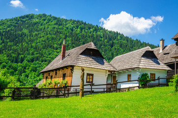 Fototapeta na wymiar Wooden huts in traditional village, Slovakia