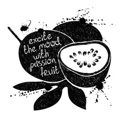 Black and white illustration of passion fruit silhouette.