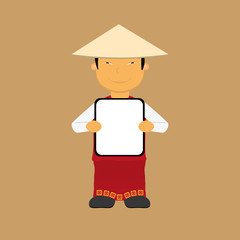 Cartoon chinese boy holding blank sign