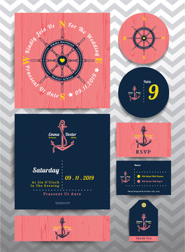 Nautical Wedding Invitation And RSVP Card In Anchor Rope Design Template Set On Pink Wood Background