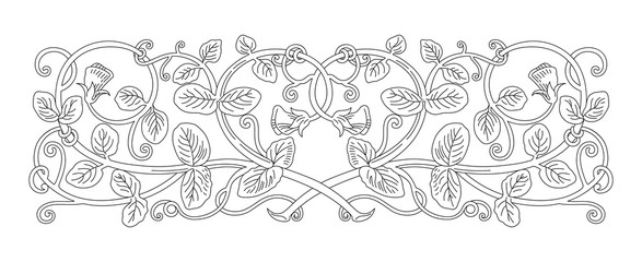 Floral ornament in medieval style. Pattern of interwoven stems, foliage and flowers. Vector frame, elegant vignette, design element and page decoration