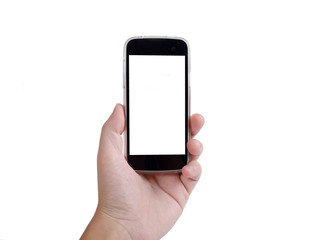 Human hand holding cell phone with blank screen