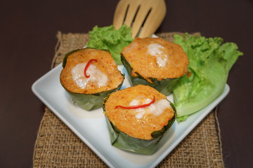 Fish curry in banana leaves, called Hor Mok in Thai