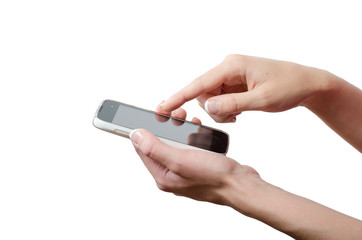 Human hand touching smart phone screen isolated on white background