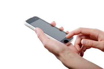 Human hand touching smart phone screen isolated on white background