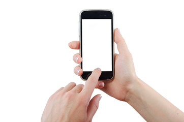 Human hand touching smart phone screen isolated on white background
