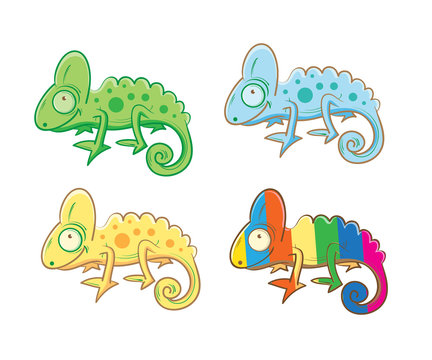 Set with four multi-colored cartoon chameleons.