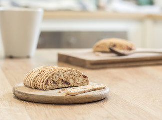 Slice almond  biscuit cookie on wooden tray