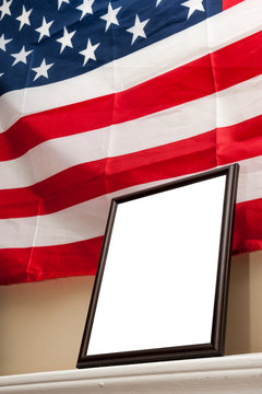 Bank photo frames on a shelf with american flag background