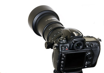 Professional digital camera with blank screen isolated on white background