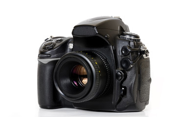 Professional digital camera with lens isolated on white background