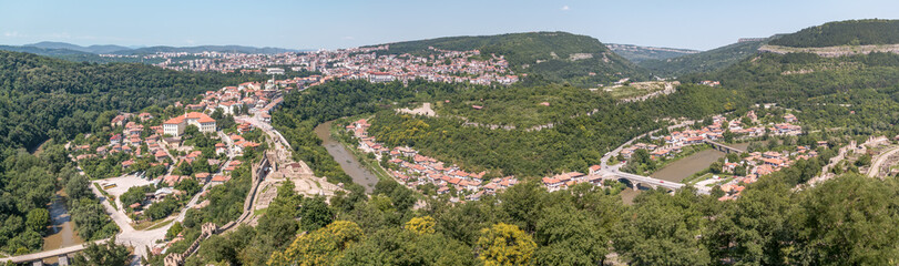 Fototapeta na wymiar Panorama of Veliko Tarnovo taken from atop restored cathedral in Tsarevets Fortress. Bulgaria.