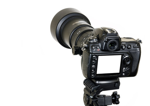 Fototapeta Professional digital camera with blank screen isolated on white background
