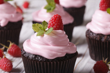 Tasty pastries: chocolate cupcakes with pink cream and raspberry 