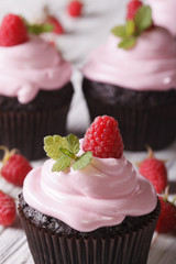 Beautiful chocolate cupcakes with raspberry macro. Vertical
