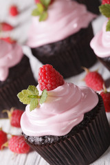 Chocolate cupcakes with pink cream and raspberry macro. Vertical
