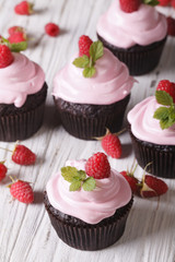 Chocolate cupcakes with raspberry cream on the table. vertical