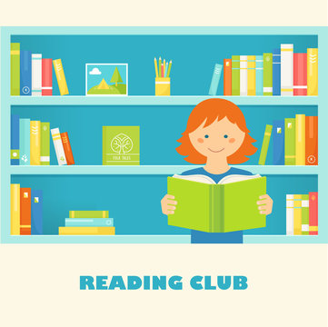 Girl Reading a Book against Library Bookshelves with Book. Vector EPS 10