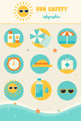 Sun and Beach Safety Rules Infographics Icons Set. Skin Protection and Health Care in Summer. EPS 10