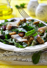 Salad with fresh organic beetroot,herrings and rye croutons.