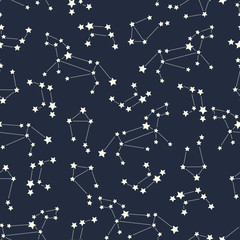Seamless pattern with constellations of Leo, Libra, raven on space background. Night sky illustration.