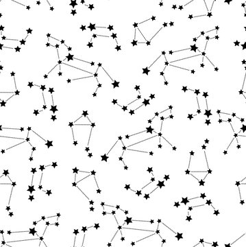 Seamless pattern with constellations of Leo, Libra, raven on white background. Black and white stars sky illustration.