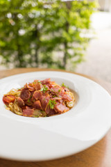 Spaghetti with dried chilli ,bacon and garlic.