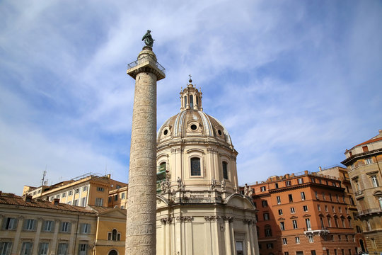 Traian column and Santa Maria di Loreto in Rome, Italy