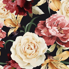 Kwiatowy wzór z różami, akwarela. Illustrat wektor - 86350696