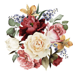 Greeting card with roses, watercolor, can be used as invitation