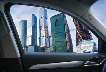buildings from car window