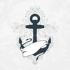 Anchor with ribbon and hand drawn abstract decoration