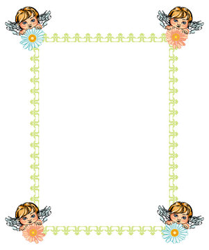 Green frame and flying angels holding flowers 