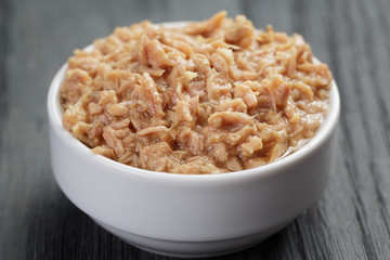 canned tuna in white bowl on wood table