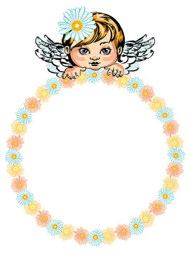 Round flower frame with little angel