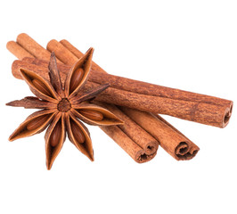 cinnamon stick and star anise spice isolated on white background