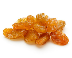 Yellow sultanas raisins isolated on white background cutout