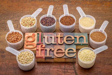 Deurstickers scoops gluten free grains  and text in wood type © MarekPhotoDesign.com