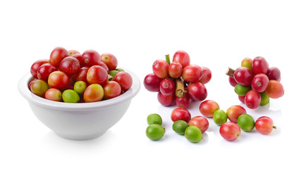 ripe coffee beans on white background