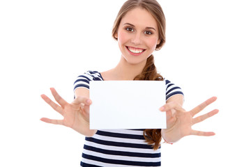 Student girl showing  white blank sheet - copy space, isolated over background