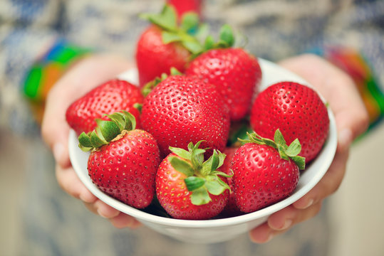 Girl holding strawberries in hand