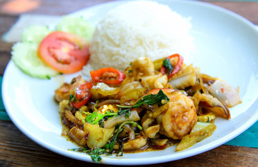 fried basil seafood and rice