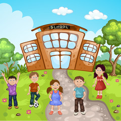 Illustration of a kids in front of school building