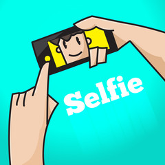 Hand click button to selfie and smile at screen on green backgro