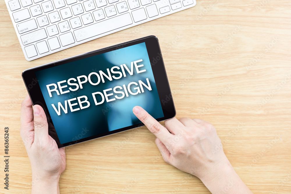 Poster Finger click screen with Responsive web design word with keyboar