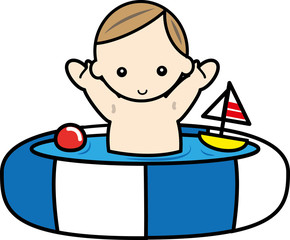 ビニールプールで水遊びをする赤ちゃん