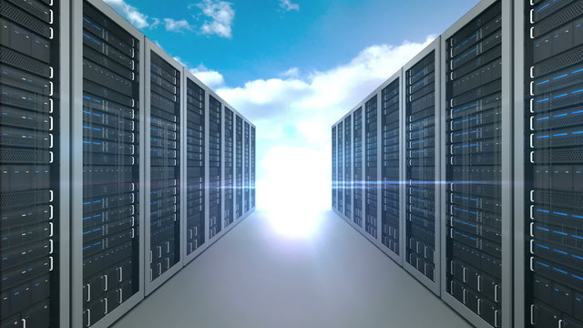 Server tower on cloudy sky background 