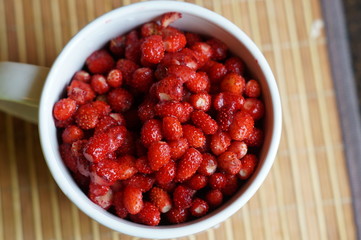 Red fresh wild strawberry in a big white mug stand on a table