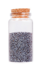 Poppy seeds in a glass bottle with cork stopper, isolated on whi